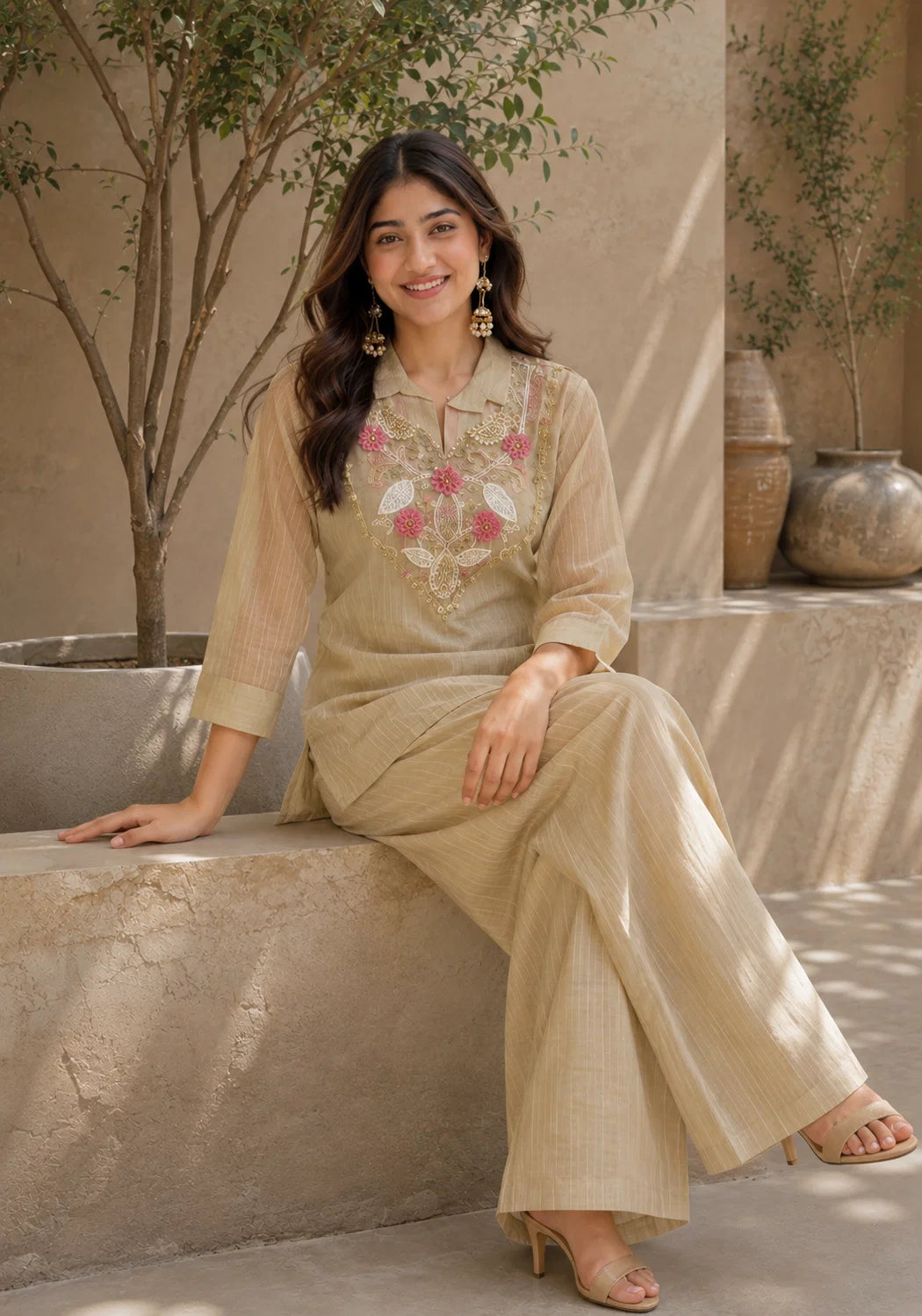 Golden Sand Embroidered Co-ord Set for Women