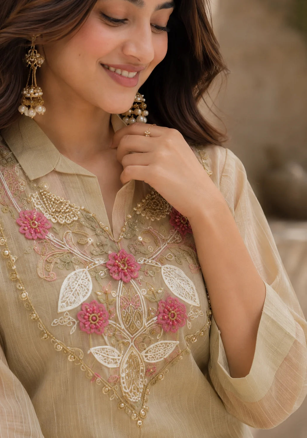 Golden Sand Embroidered Co-ord Set for Women