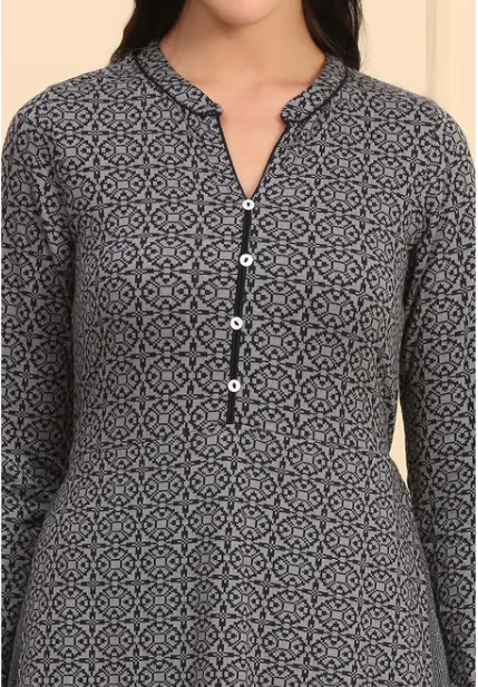 Women's Geometric Printed Yarn Dyed A-Line Grey Kurta