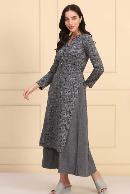 Women's Geometric Printed Yarn Dyed A-Line Grey Kurta