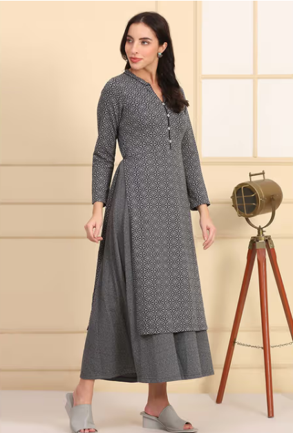 Women's Geometric Printed Yarn Dyed A-Line Grey Kurta