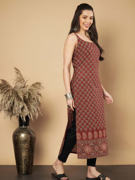 Women Floral Print Straight Cotton Maroon Stitched Kurta