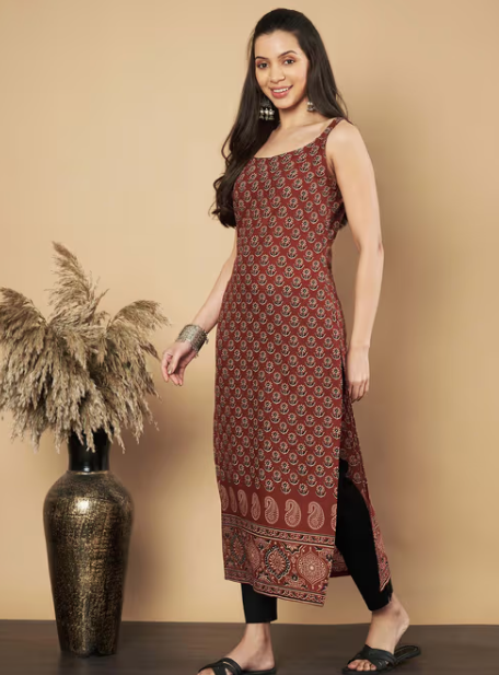 Women Floral Print Straight Cotton Maroon Stitched Kurta