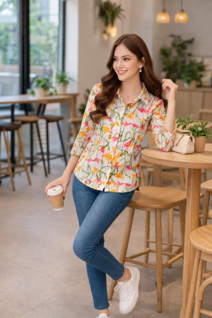 Women'S Off White Pure Cotton Floral Printed Shirt