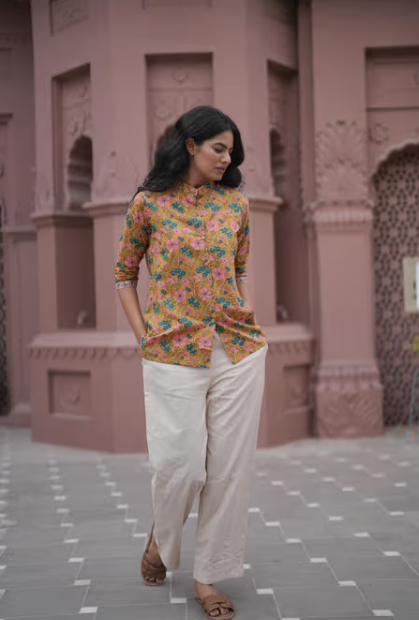 Mustard Floral Mandarin Neck Shirt
