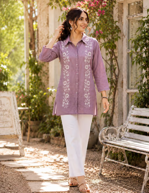 Lavender Cotton Embroidered Straight Kurti