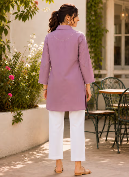 Lavender Cotton Embroidered Straight Kurti