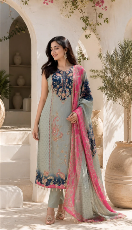 Women's Mint Green Floral Printed Straight Kurta Set with Contrast Pink Dupatta