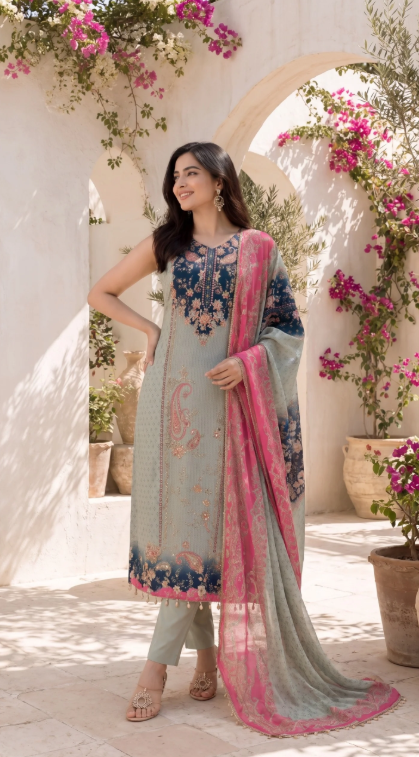 Women's Mint Green Floral Printed Straight Kurta Set with Contrast Pink Dupatta