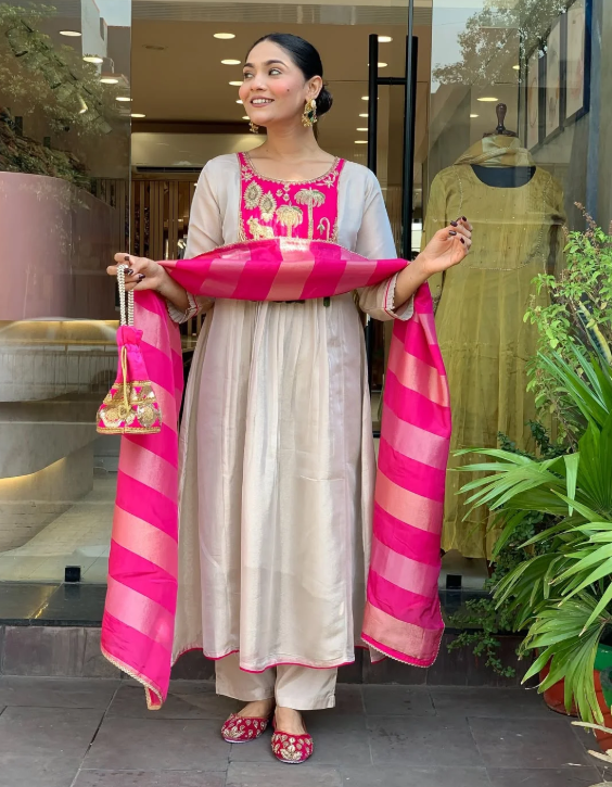 Pink & Ivory Embroidered Anarkali Suit Set with Striped Tissue Dupatta