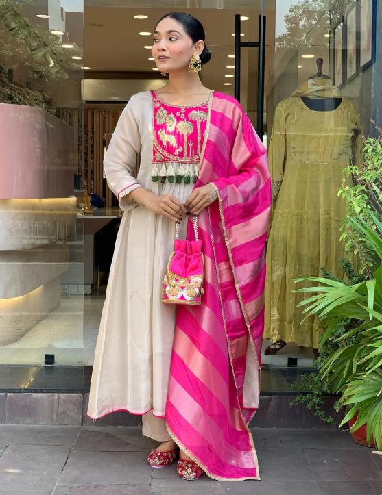 Pink & Ivory Embroidered Anarkali Suit Set with Striped Tissue Dupatta
