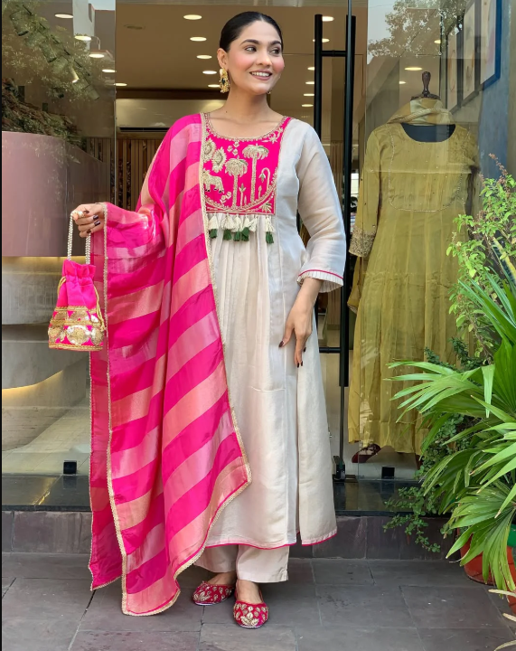Pink & Ivory Embroidered Anarkali Suit Set with Striped Tissue Dupatta