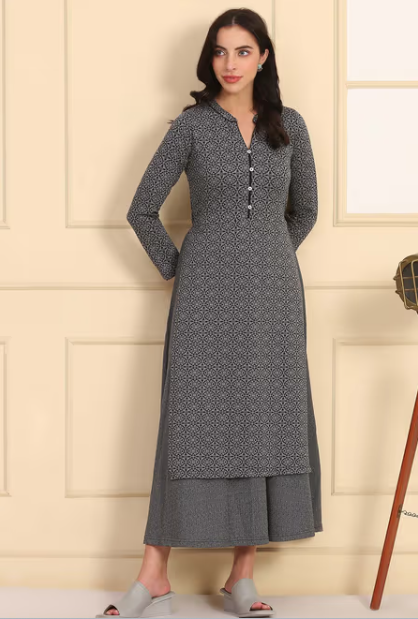 Women's Geometric Printed Yarn Dyed A-Line Grey Kurta