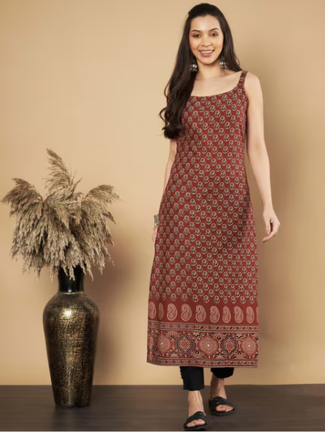 Women Floral Print Straight Cotton Maroon Stitched Kurta