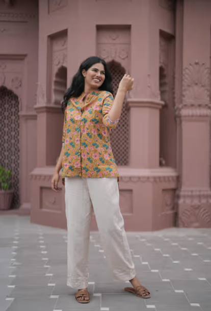 Mustard Floral Mandarin Neck Shirt