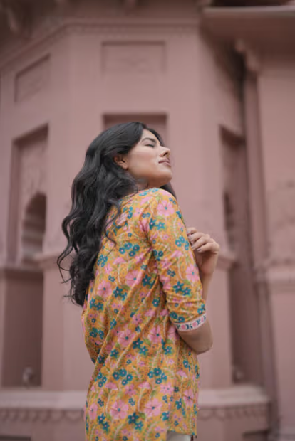 Mustard Floral Mandarin Neck Shirt