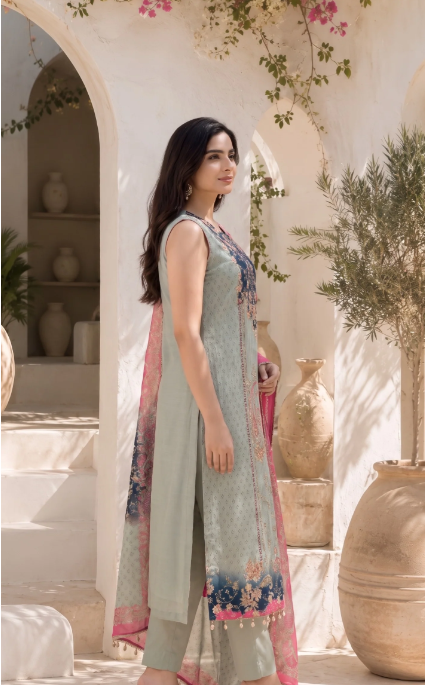 Women's Mint Green Floral Printed Straight Kurta Set with Contrast Pink Dupatta