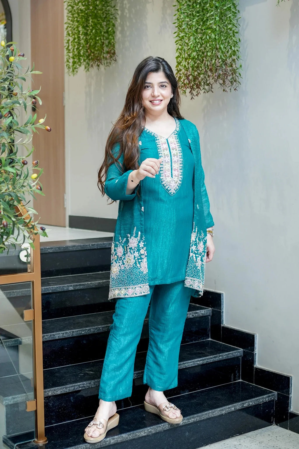 Teal Embroidered Festive Co-Ord Set