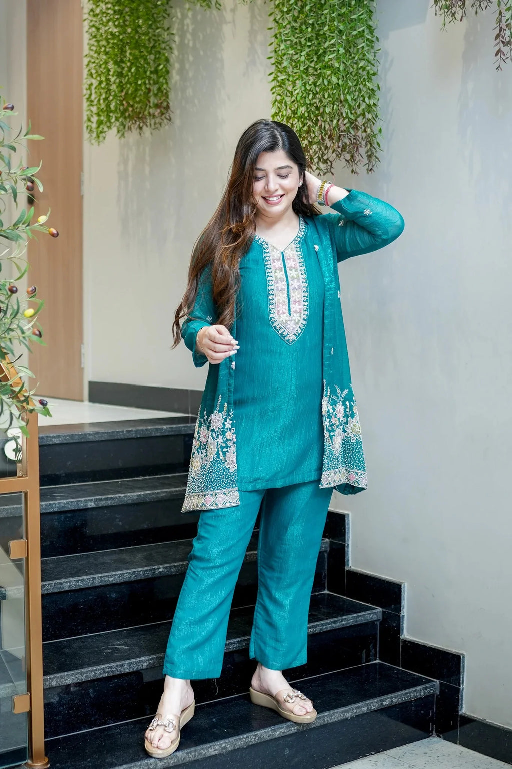 Teal Embroidered Festive Co-Ord Set