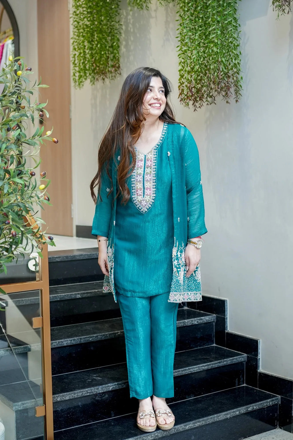 Teal Embroidered Festive Co-Ord Set