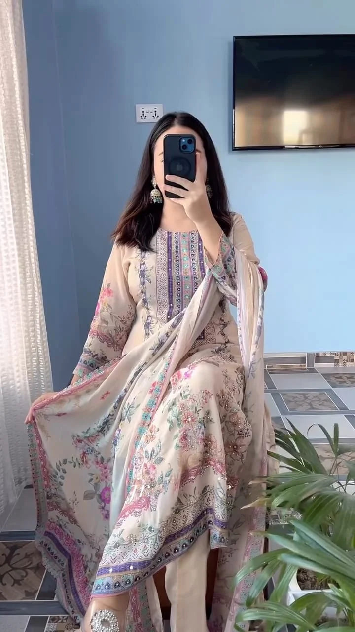 Beige Floral Printed & Embroidered Kurta Set with Dupatta