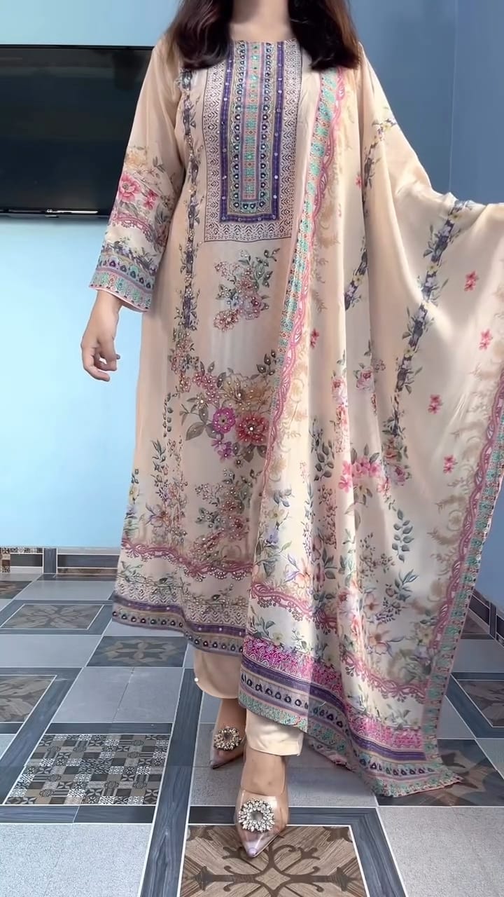 Beige Floral Printed & Embroidered Kurta Set with Dupatta